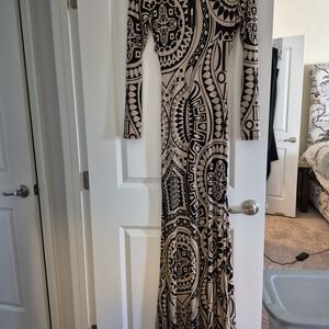 Fashion Nova Black and Cream Geometric Long Sleeve Dress